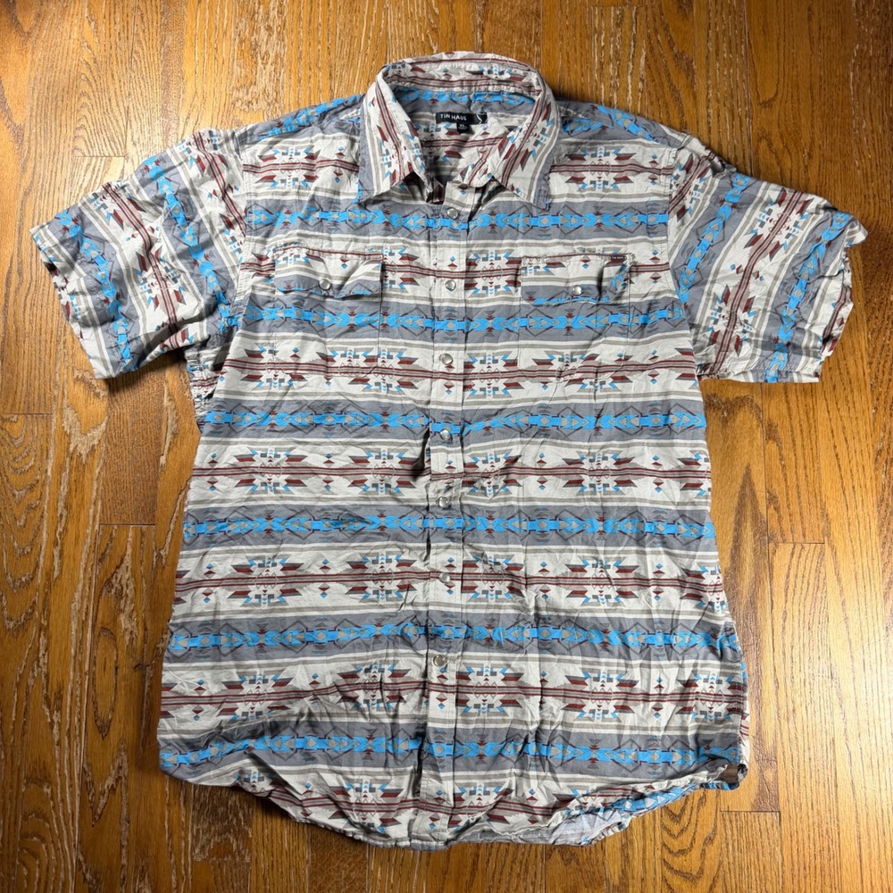 Tin Haul Southwestern Aztec Pearl Snap Short Sleeve Shirt Mens XL Geometric